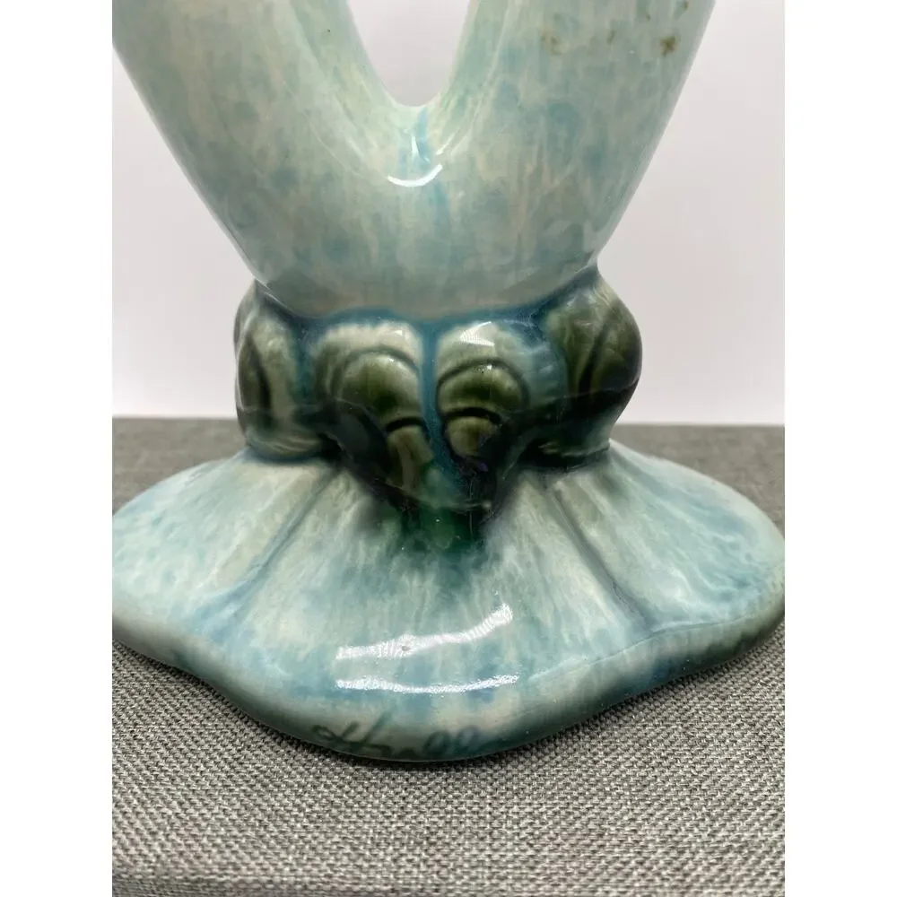 Vintage Hull Green Woodland Double Horn Bud Vase green and Blue‎ 40s 103